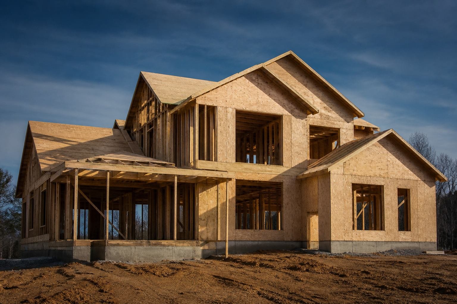 Wood-frame residential construction showing wall studs, floor joists, and roof framing